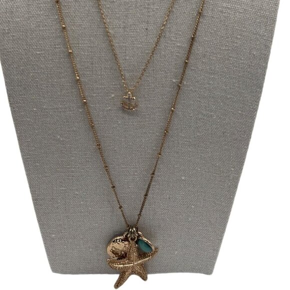 Layered Gold Necklace With Charms - Starfish Anchor & Blue Gem Summer Beach M10 - Picture 2 of 6